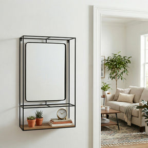 Foresta Black/Brown Large Metal and Wood Wall Shelf with Mirror