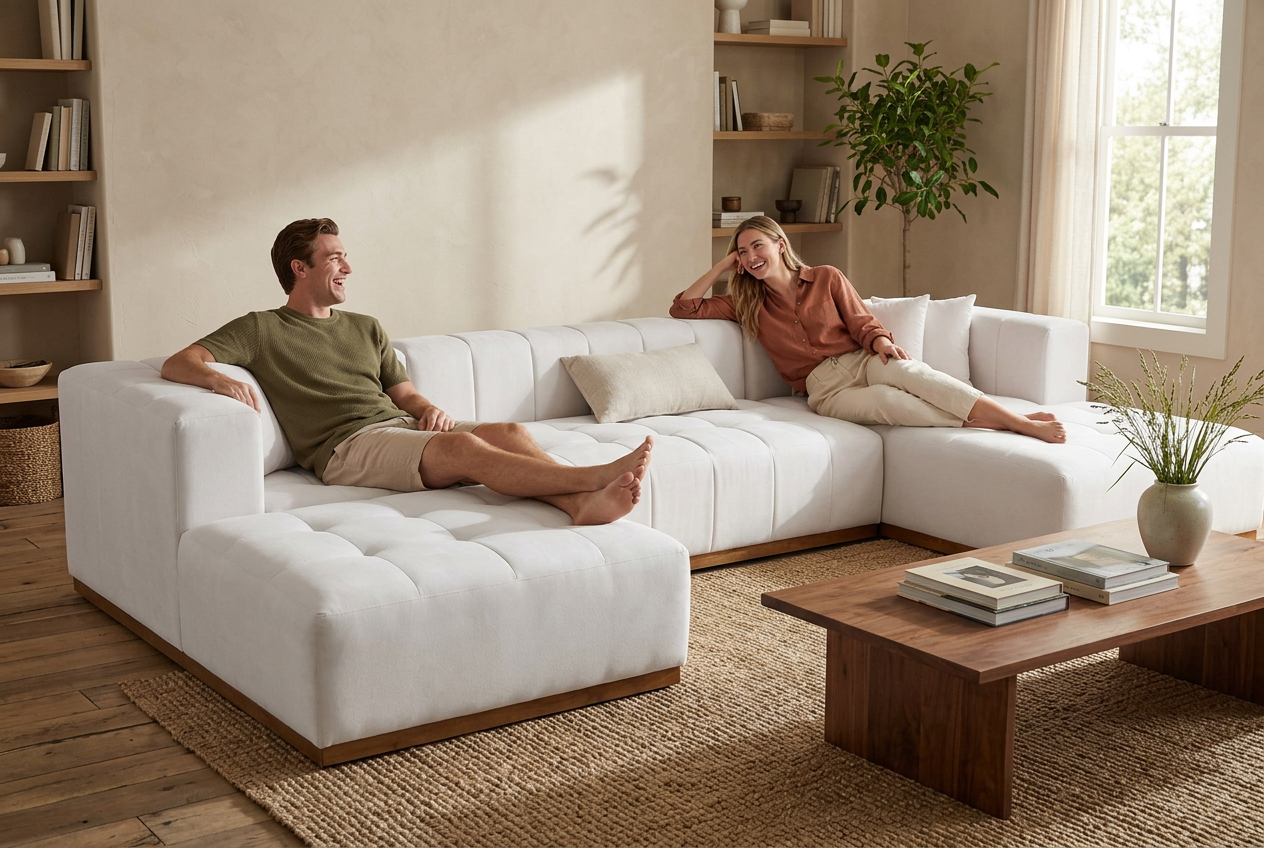 Montecito Ivory Velvet Double Chaise "U" Shape Sectional Sofa - Ornate Home