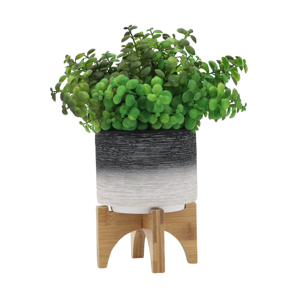 Erickson Gray Ceramic Planter on Wooden Stand