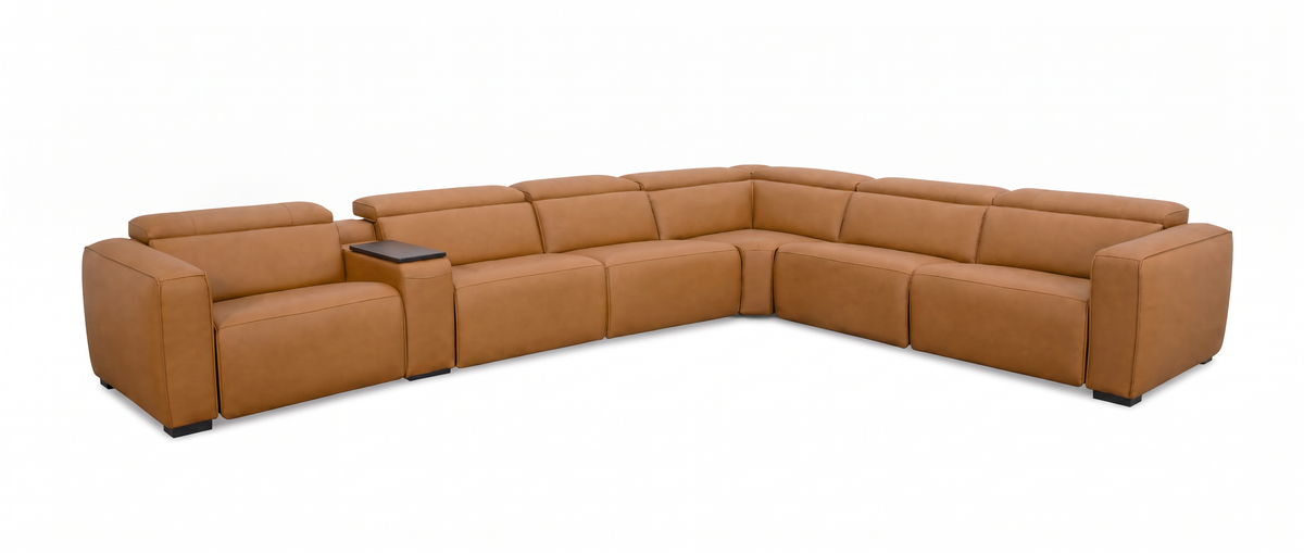 Rally Pro Caramel 7-Piece L-Shaped Dual Power Reclining Sectional with Console & Immersive Sound System