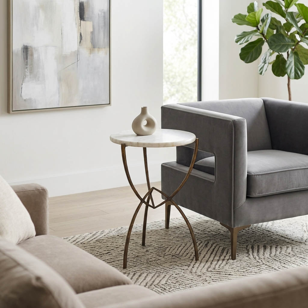 Gorman White/Bronze Accent Table with Curved Legs and Marble