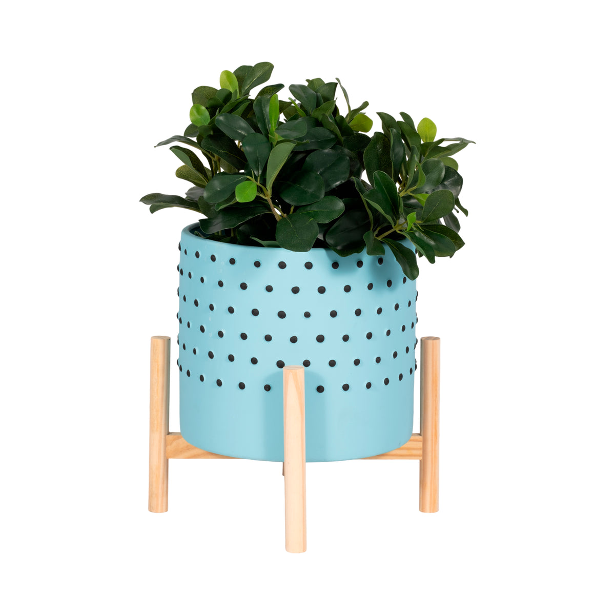 Watsonville Blue Dotted Planter with Wood Stand