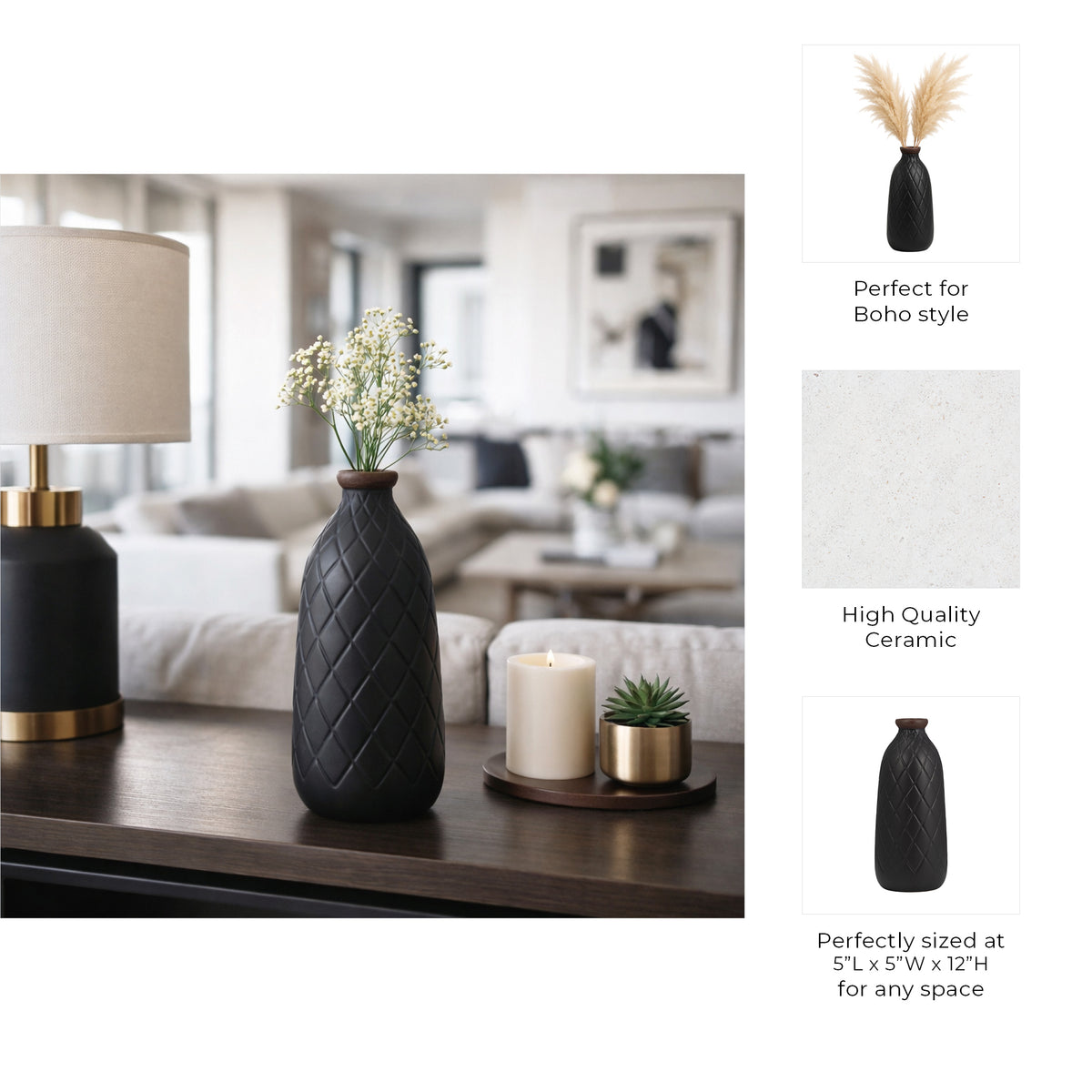 Wellsona Black Small Ceramic Plaid Textured Vase