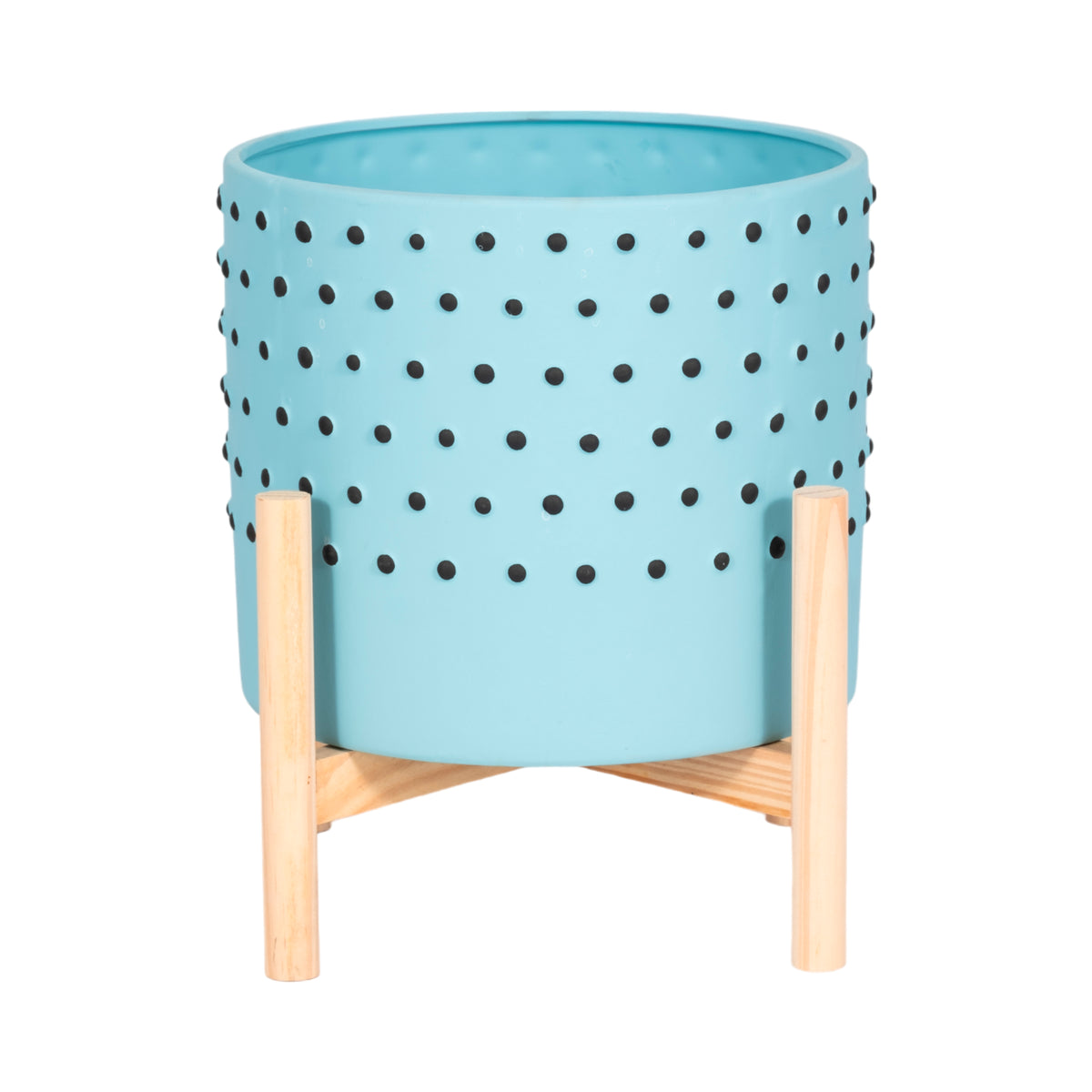 Watsonville Blue Dotted Planter with Wood Stand