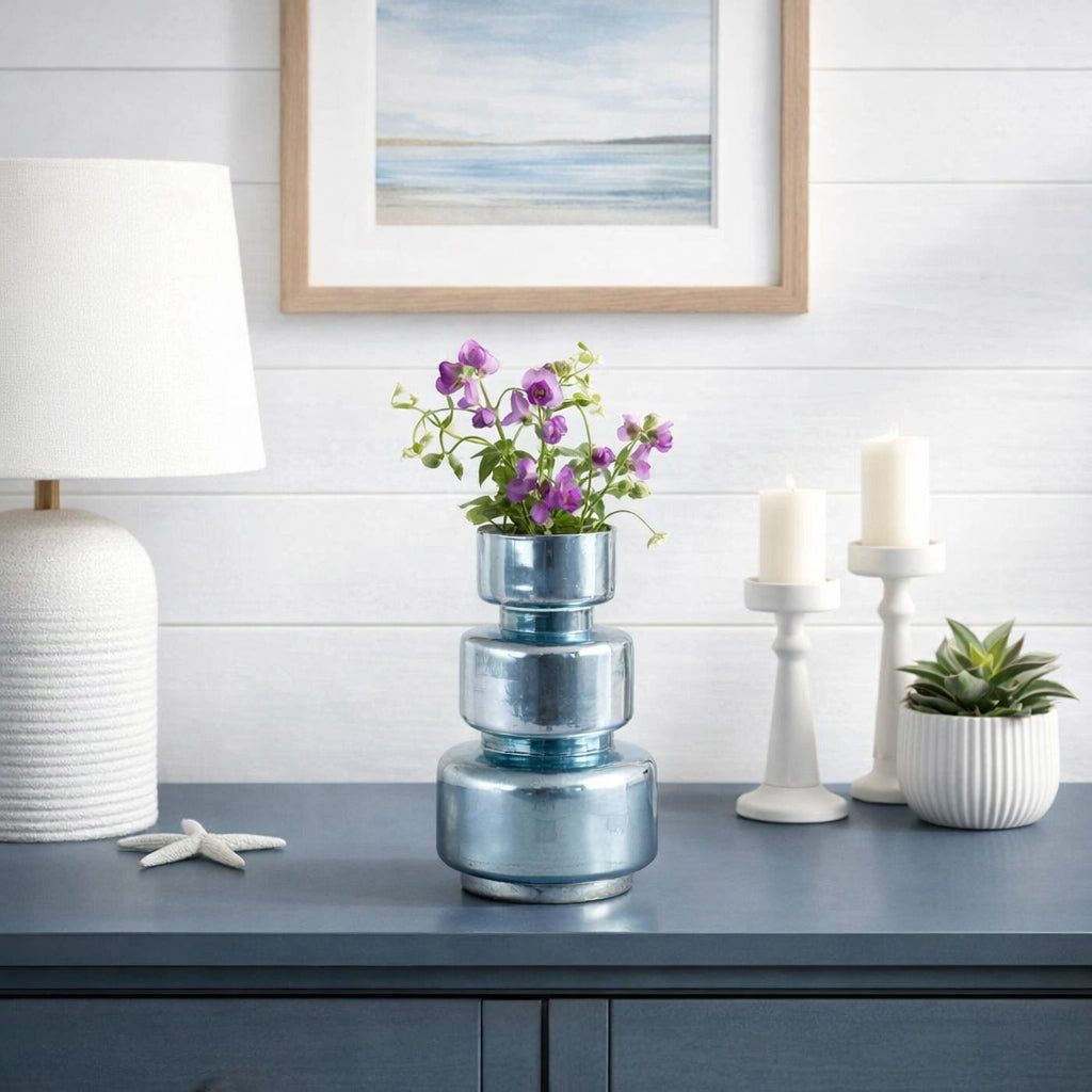 Piru Blue/Silver Small Stacked Cylinder Glass Vase