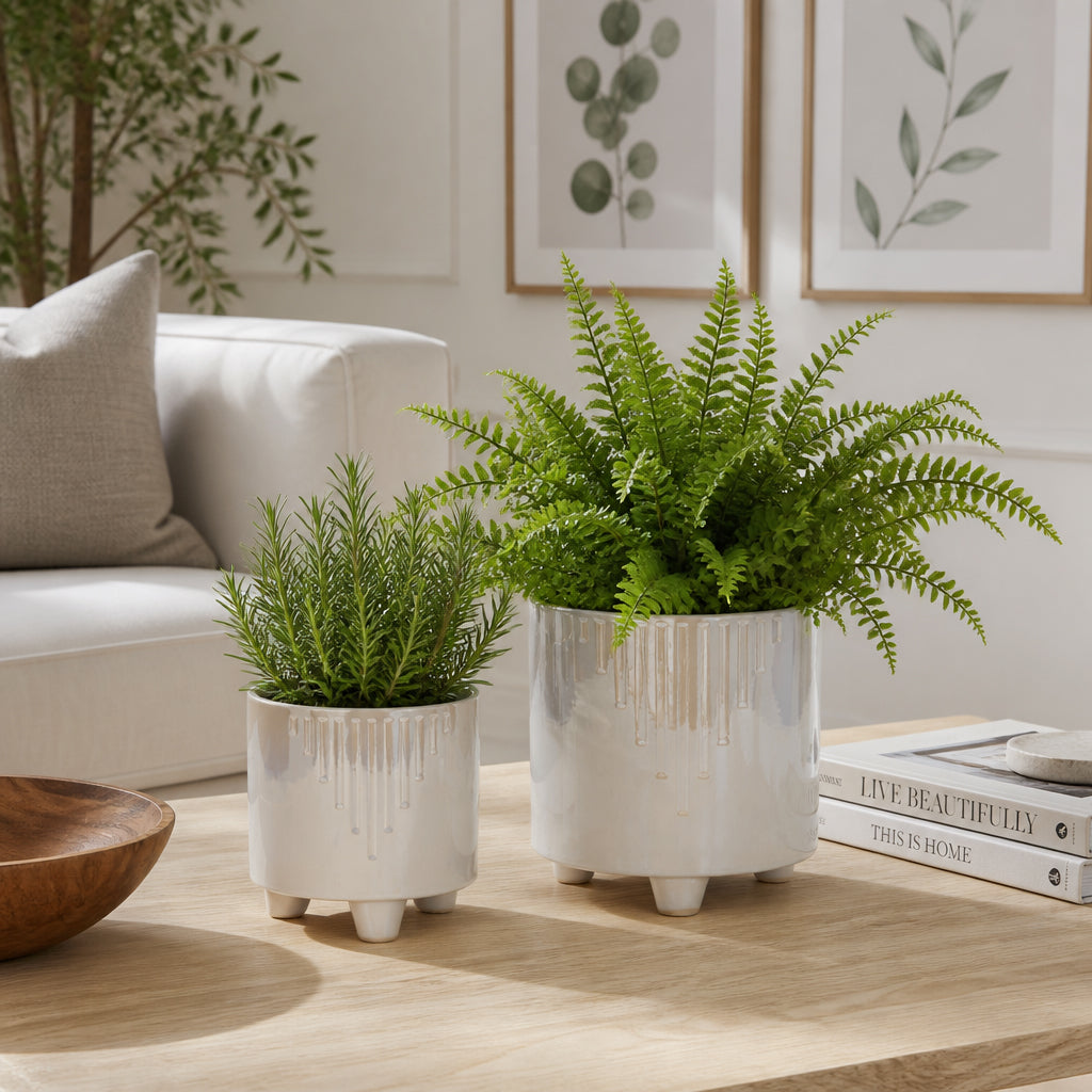 Silverado Ivory Iridescent Line Footed Planters (Set of 2)