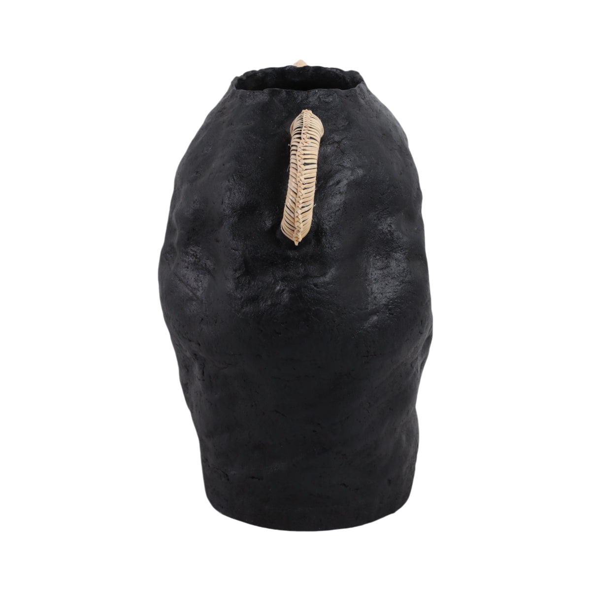 Meeks Bay Black Terracotta Jug Vase with Rattan Handles