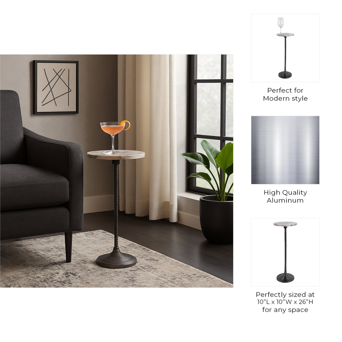 Cerritos Antique Gray Drink Table with Marble Top