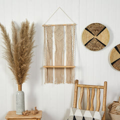 2.5’ x 1.5’ Layered Macrame Wall Hanging with Wooden Shelf - Ornate Home
