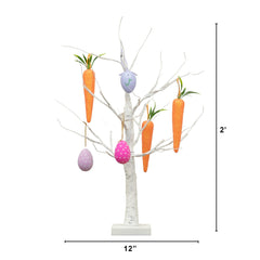 2' Pre-Lit Artificial Easter Egg and Carrots Ornament Twig Tree with 24 Warm White LED Lights - Ornate Home