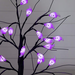 2' Pre-Lit Artificial Halloween Ghost Twig Tree with 24 Purple LED Lights - Ornate Home