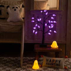 2' Pre-Lit Artificial Halloween Ghost Twig Tree with 24 Purple LED Lights - Ornate Home