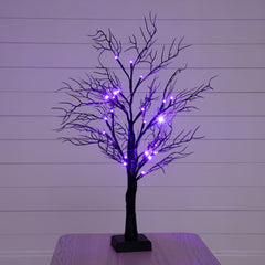 2’ Pre-Lit Halloween Deluxe Black Twig Artificial Tree with 44 Orange & Purple LED Lights - Ornate Home