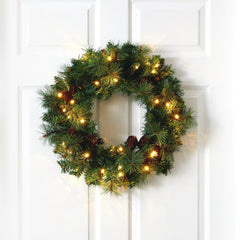 20” Mixed Pine and Pinecone Artificial Christmas Wreath with 35 Clear LED Lights - Ornate Home