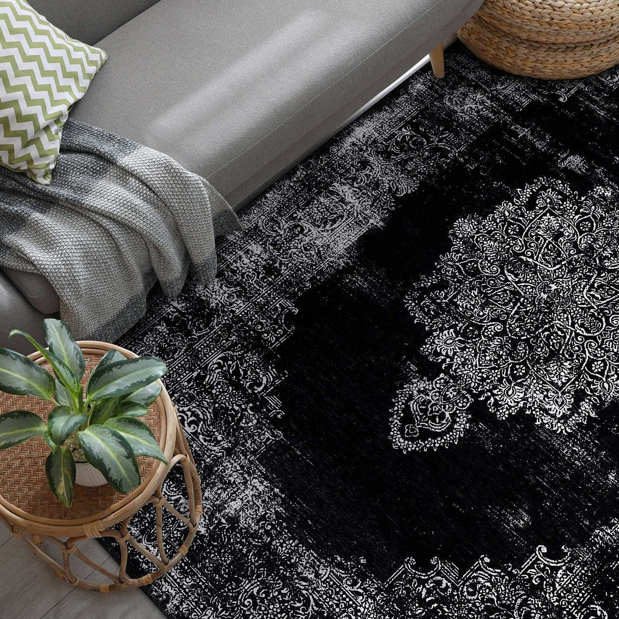 Rain Black Distressed Vintage NonSlip Indoor Area Rugs - Ornate Home