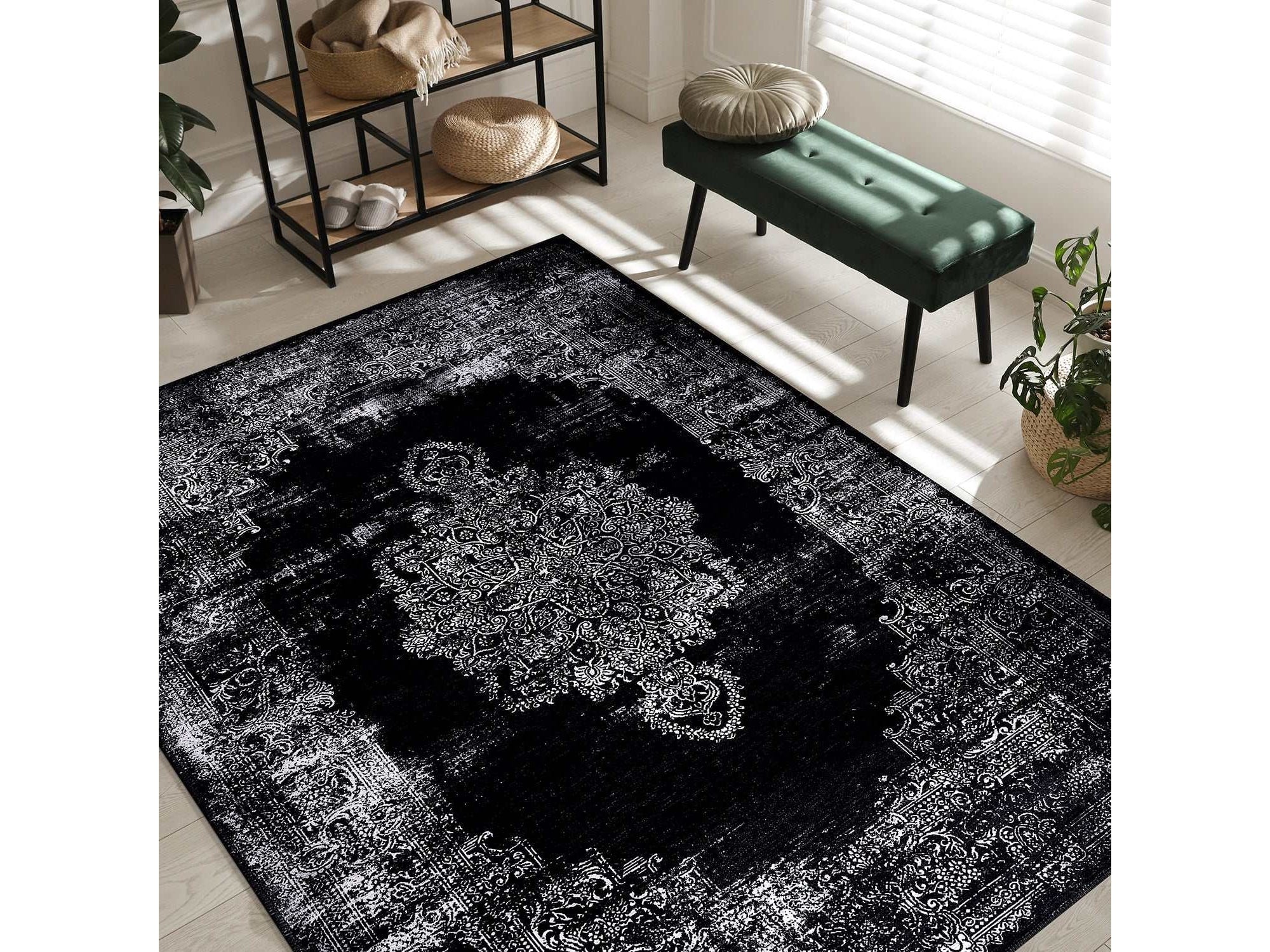 Rain Black Distressed Vintage NonSlip Indoor Area Rugs - Ornate Home