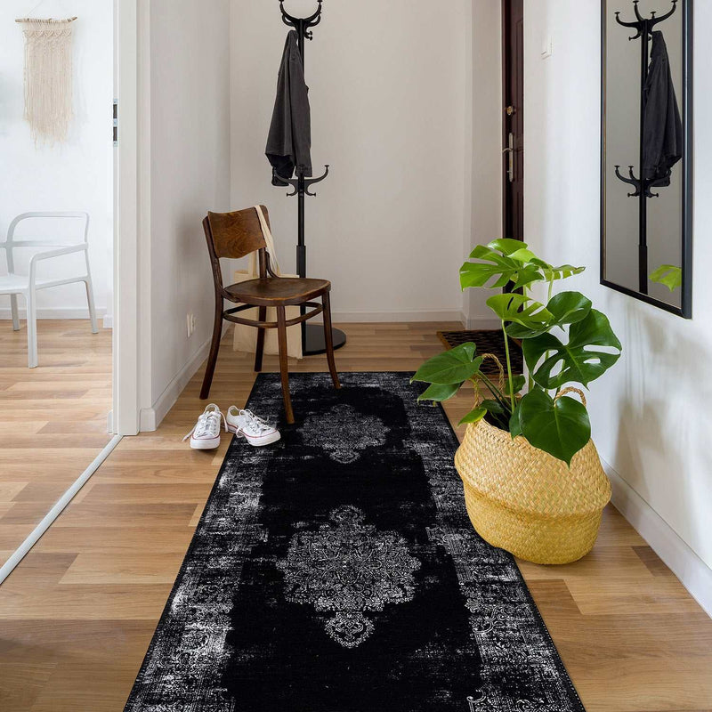 Rain Black Distressed Vintage NonSlip Indoor Area Rugs - Ornate Home