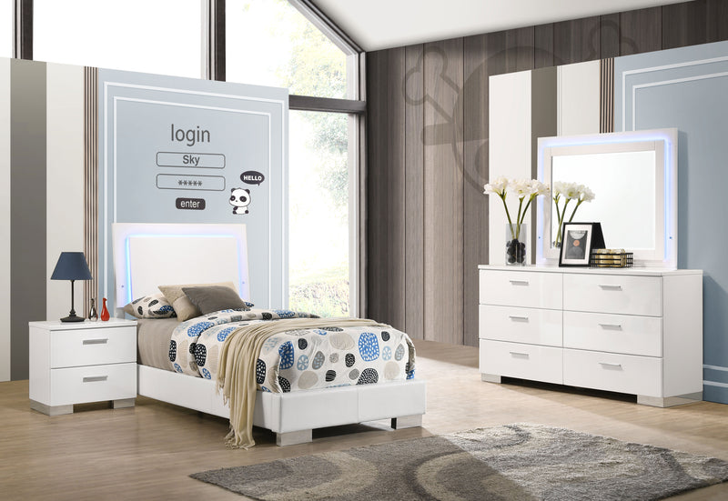 Felicity White High Gloss 4-piece Twin Bedroom Set with LED Bed & Mirror - Ornate Home