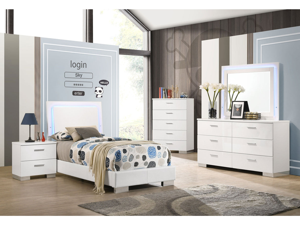 Felicity White High Gloss Twin Bedroom Set with LED Bed & Mirror - Ornate Home