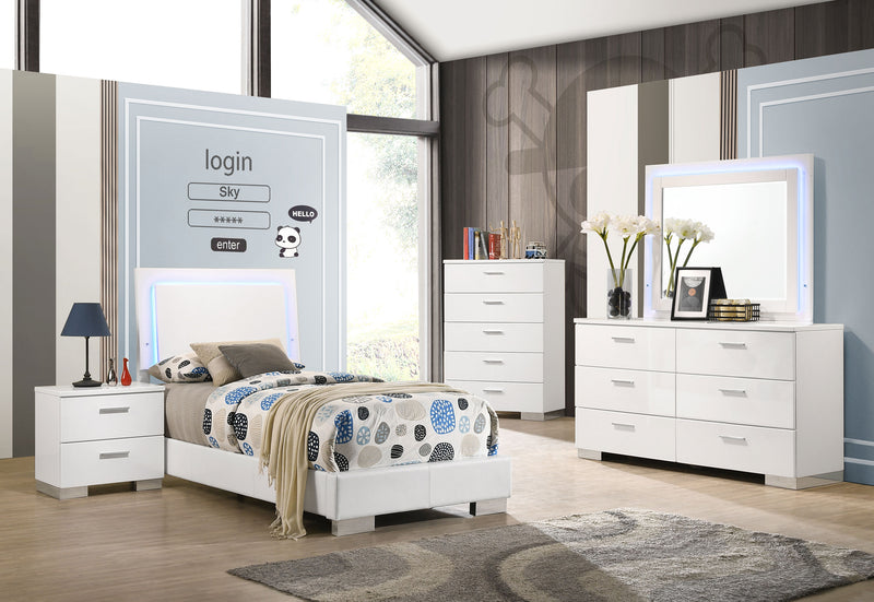 Felicity White High Gloss Twin Bedroom Set with LED Bed & Mirror - Ornate Home