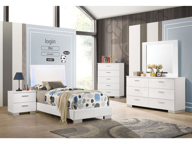 Felicity White High Gloss Twin Bedroom Set with LED Bed - Ornate Home