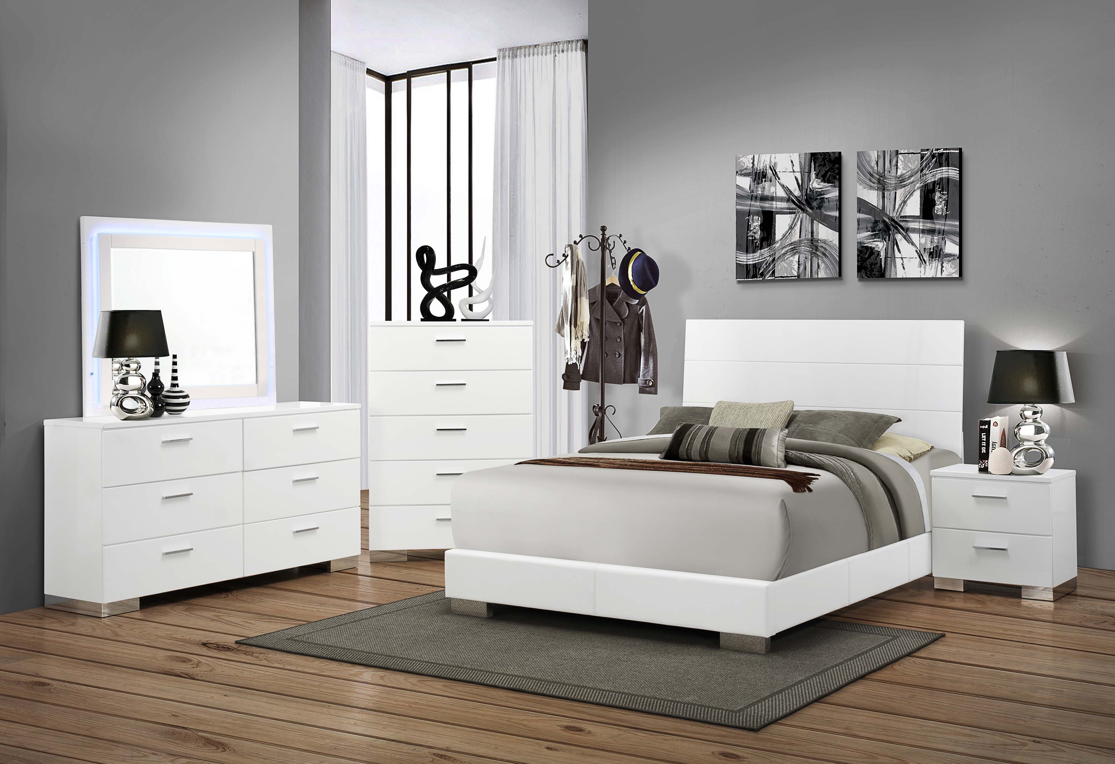 Felicity White High Gloss 5-piece Eastern King Bedroom Set with LED Mirror - Ornate Home