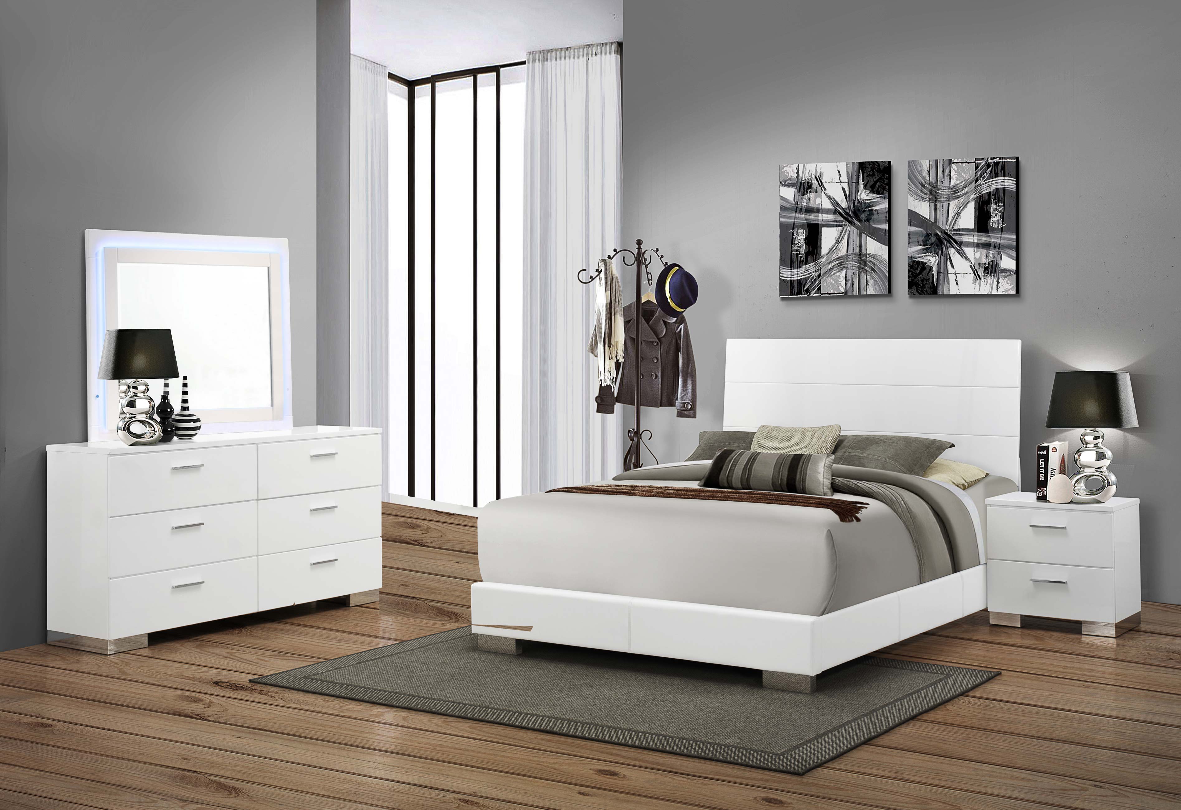 Felicity White High Gloss 4-piece California King Bedroom Set with LED Mirror - Ornate Home