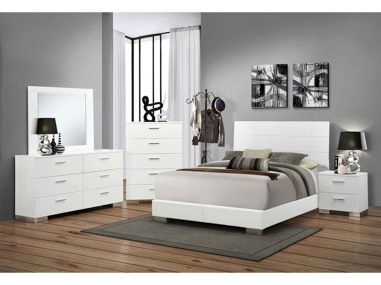 Felicity White High Gloss 5-piece California King Bedroom Set with Panel Bed - Ornate Home