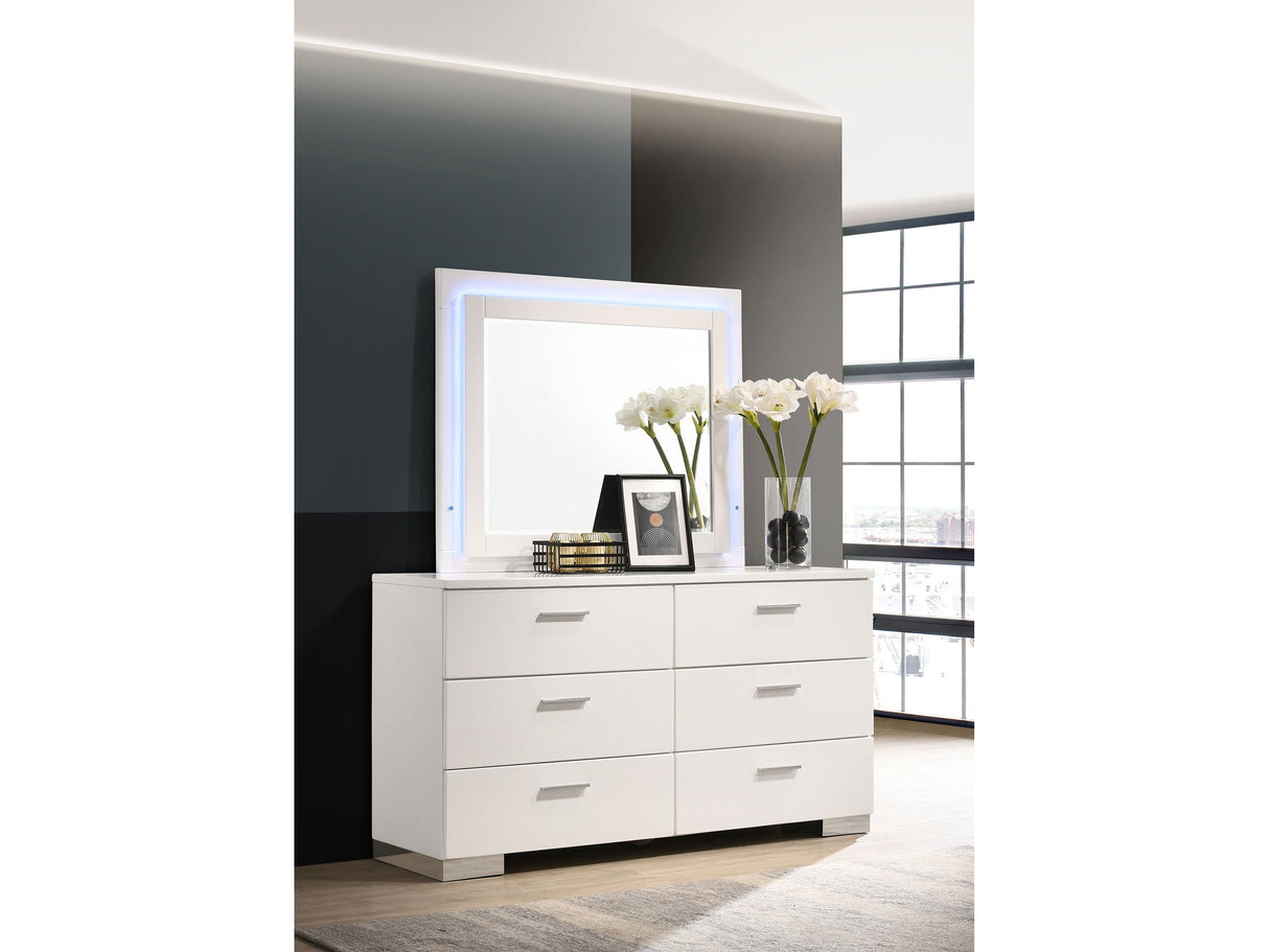 Felicity White High Gloss 6-drawer Dresser with LED Mirror - Ornate Home