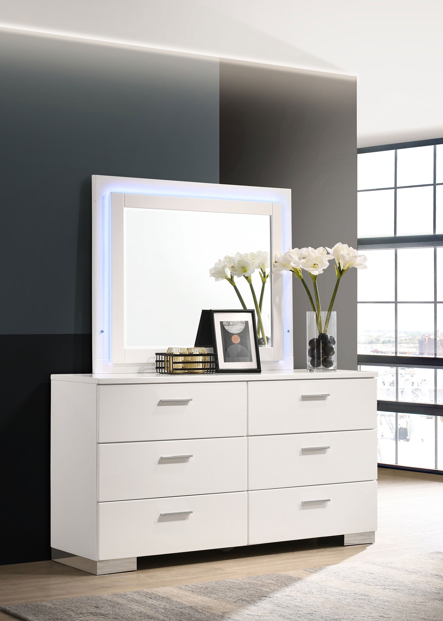 Felicity White High Gloss 6-drawer Dresser with LED Mirror - Ornate Home