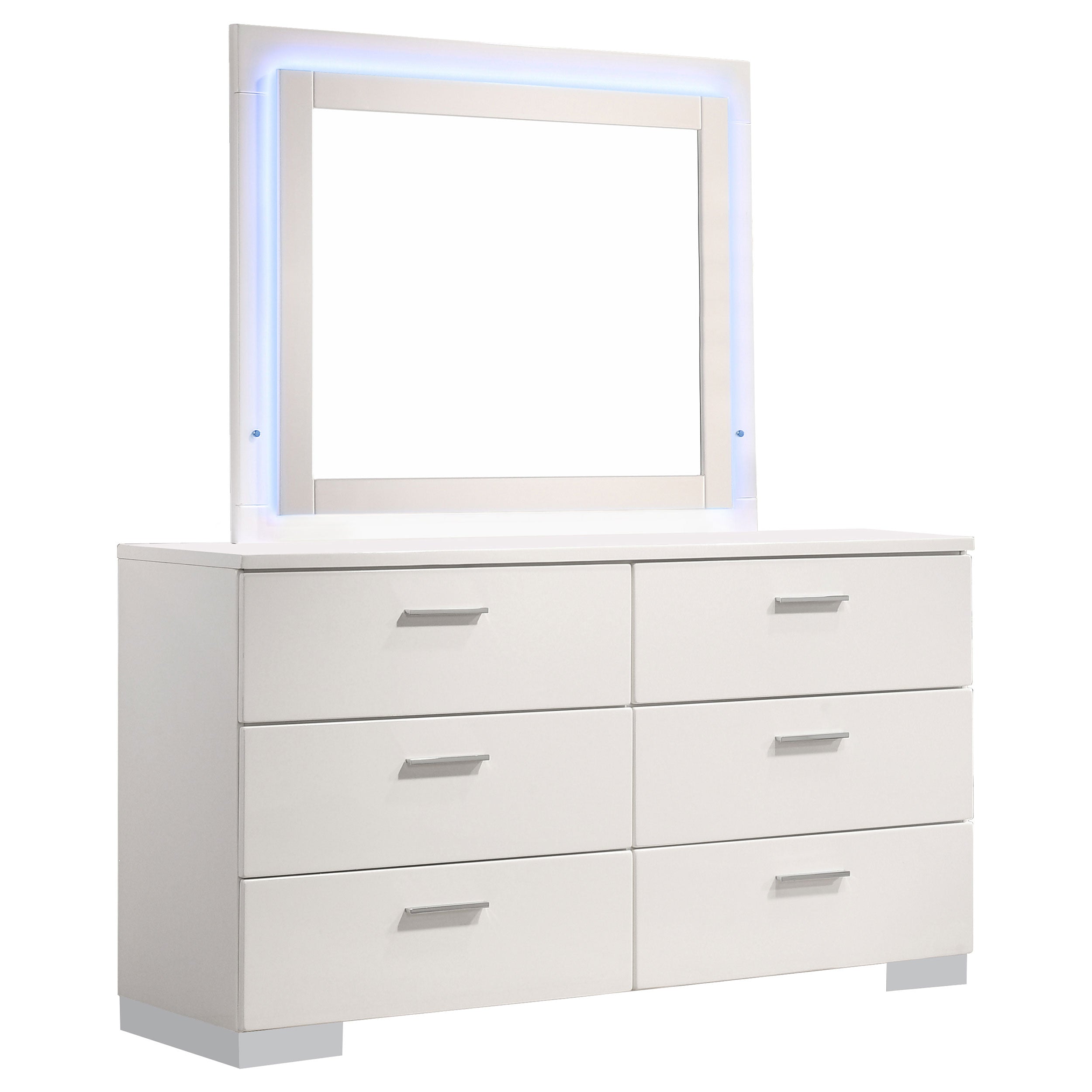 Felicity White High Gloss 6-drawer Dresser with LED Mirror - Ornate Home