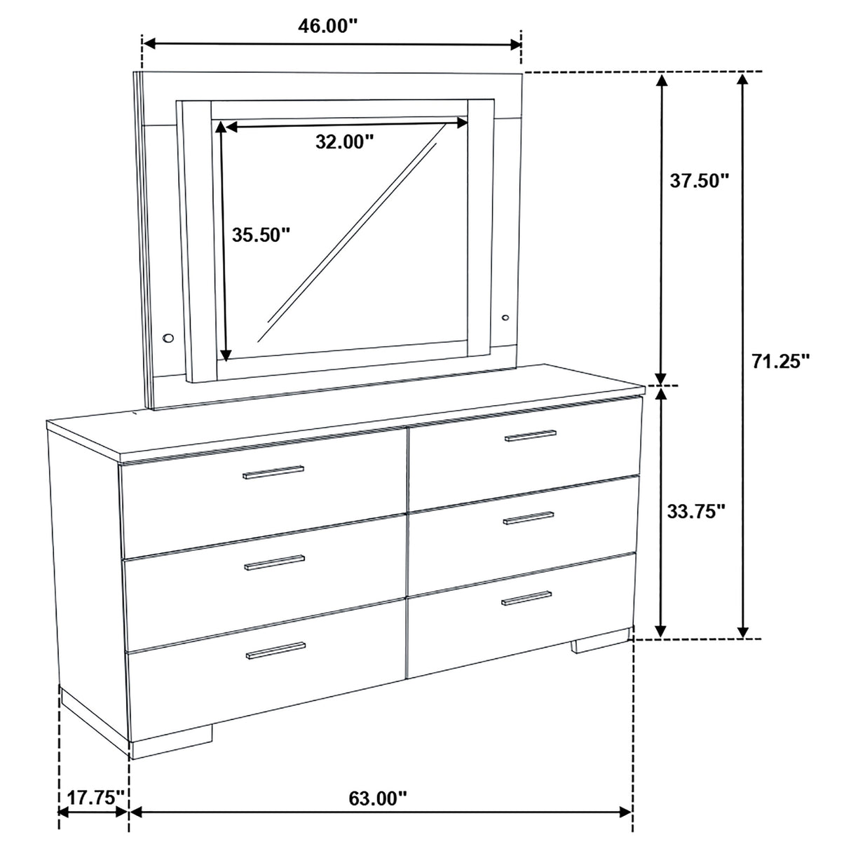 Felicity White High Gloss 6-drawer Dresser with LED Mirror - Ornate Home