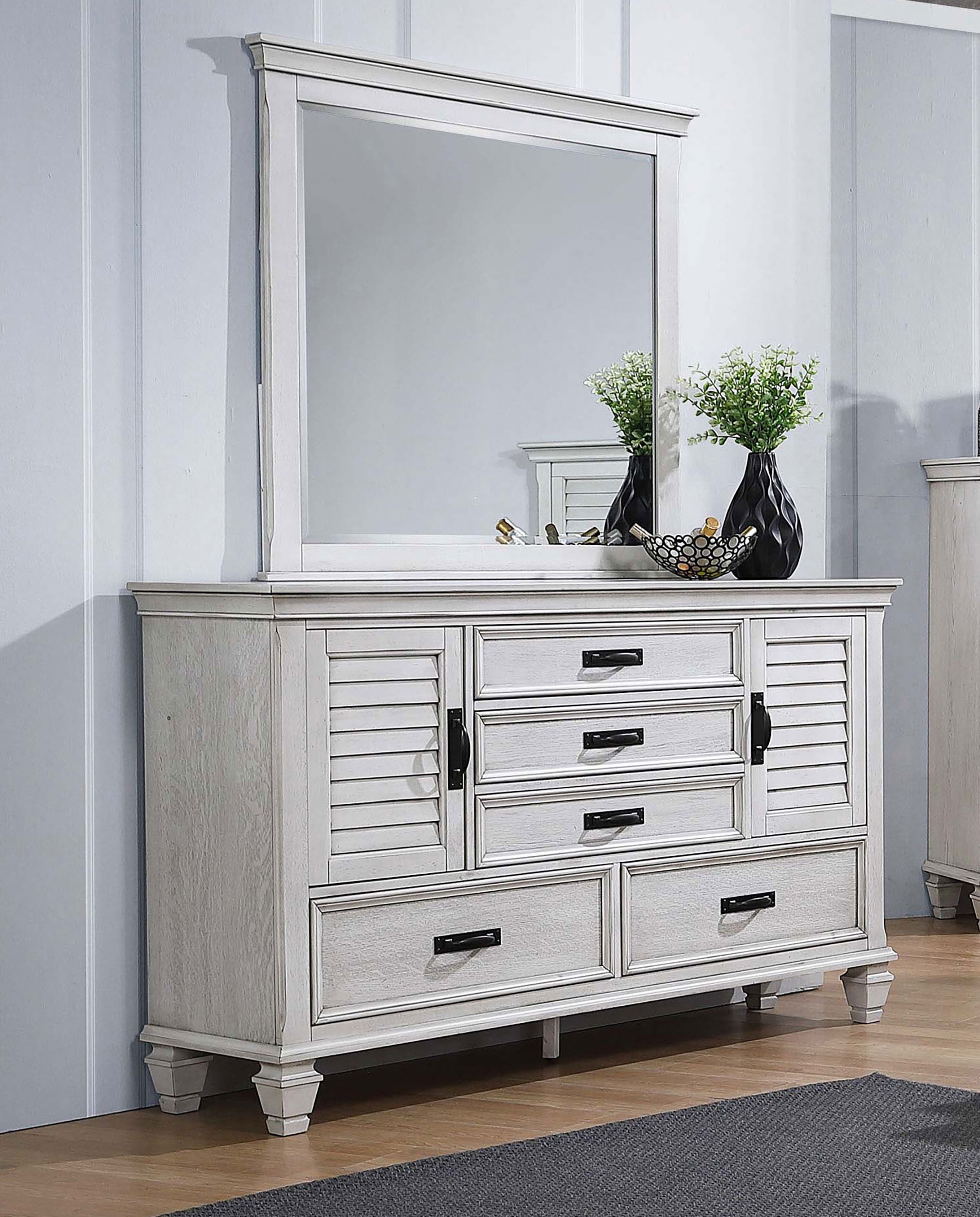 Franco Distressed White Dresser and Mirror - Ornate Home