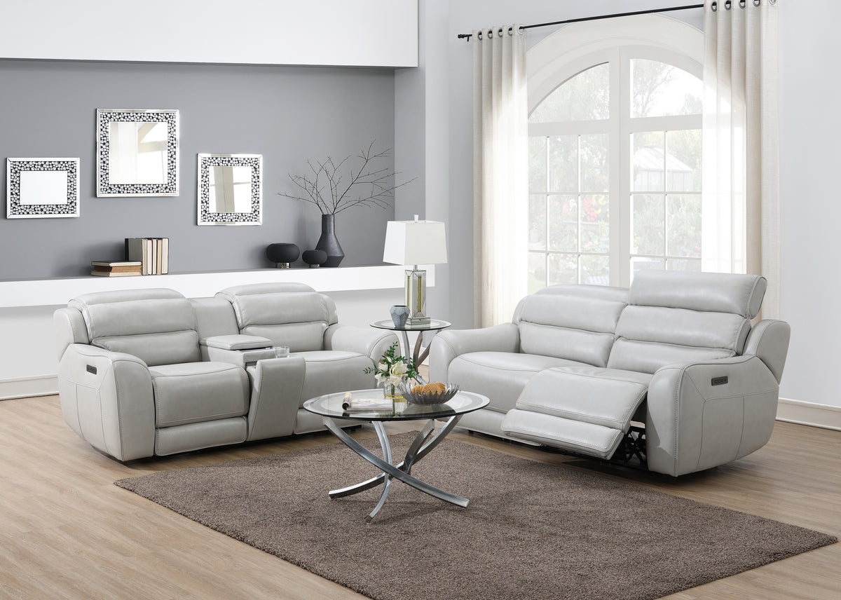 Draper Smoke Leatherette Dual Power Reclining Loveseat with Console