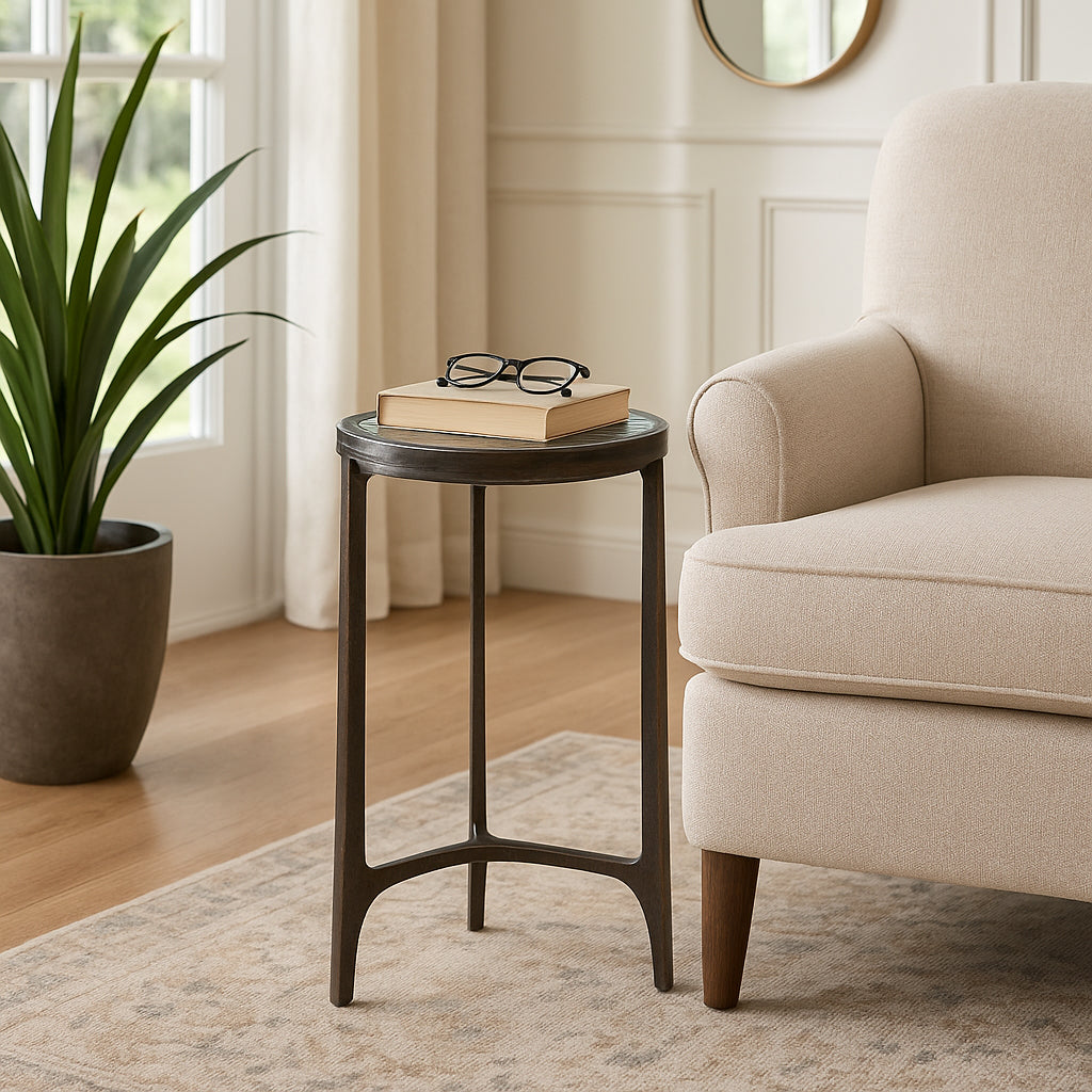 Keene Antique Bronze Thick Glass Top Round Accent Table