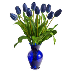 22” Dutch Tulip Artificial Arrangement in Blue Colored Vase - Ornate Home