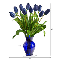 22” Dutch Tulip Artificial Arrangement in Blue Colored Vase - Ornate Home
