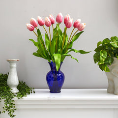 22” Dutch Tulip Artificial Arrangement in Blue Colored Vase - Ornate Home