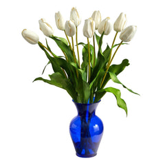 22” Dutch Tulip Artificial Arrangement in Blue Colored Vase - Ornate Home