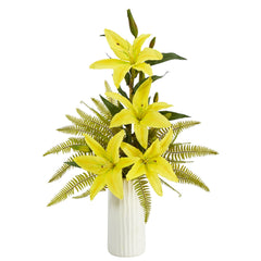 22” Lily and Fern Artificial Arrangement in White Vase - Ornate Home