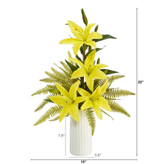 22” Lily and Fern Artificial Arrangement in White Vase - Ornate Home