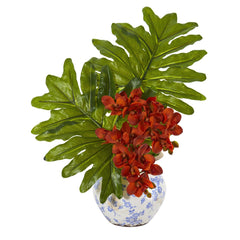 22” Phalaenopsis Orchid and Philo Leaf Arrangement in Vase - Ornate Home