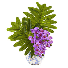 22” Phalaenopsis Orchid and Philo Leaf Arrangement in Vase - Ornate Home
