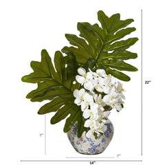 22” Phalaenopsis Orchid and Philo Leaf Arrangement in Vase - Ornate Home