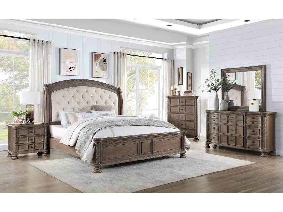 Emmett Walnut & Beige 5pc Eastern King Bedroom Set - Ornate Home