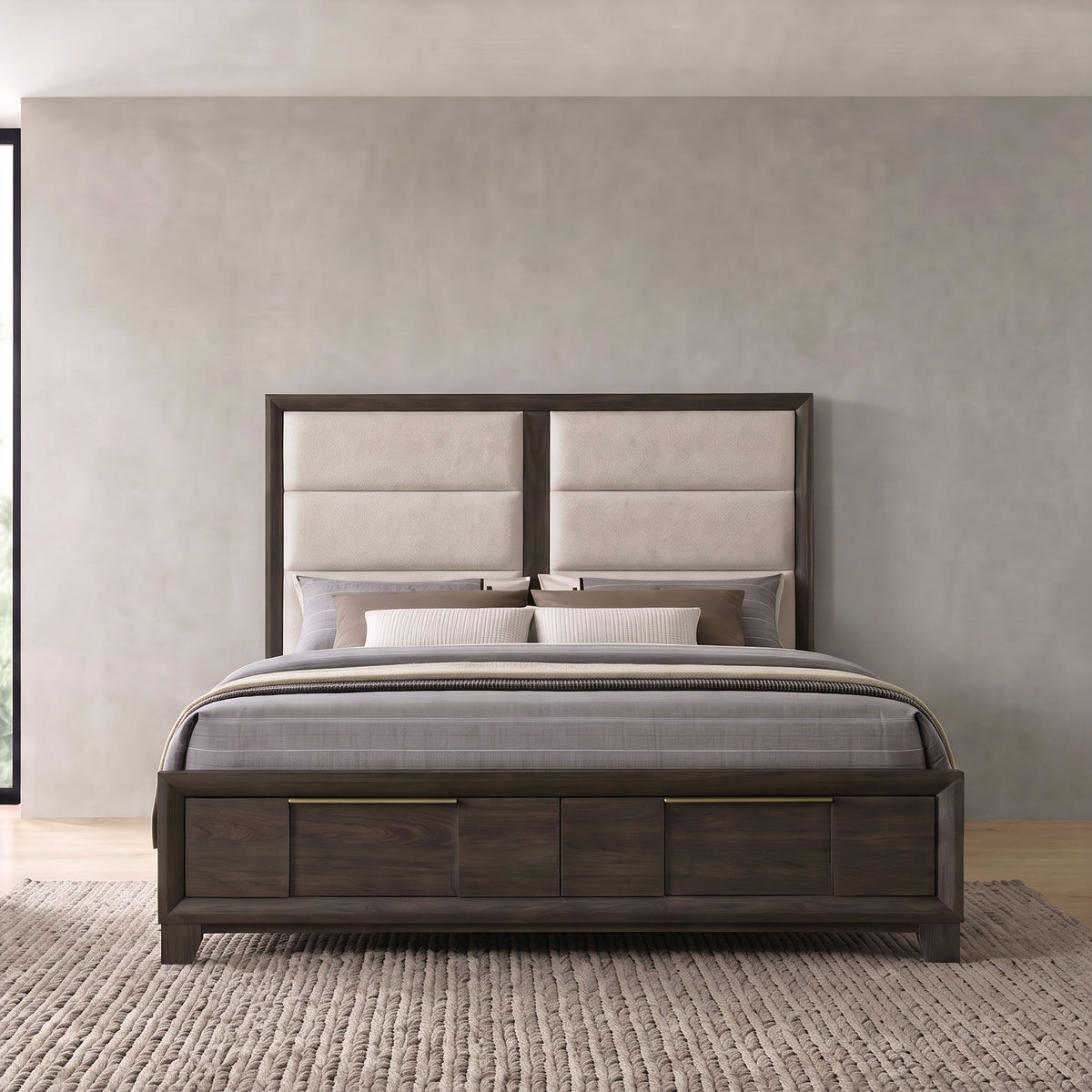 Farre Dark Brown Queen Upholstered Storage Platform Bed