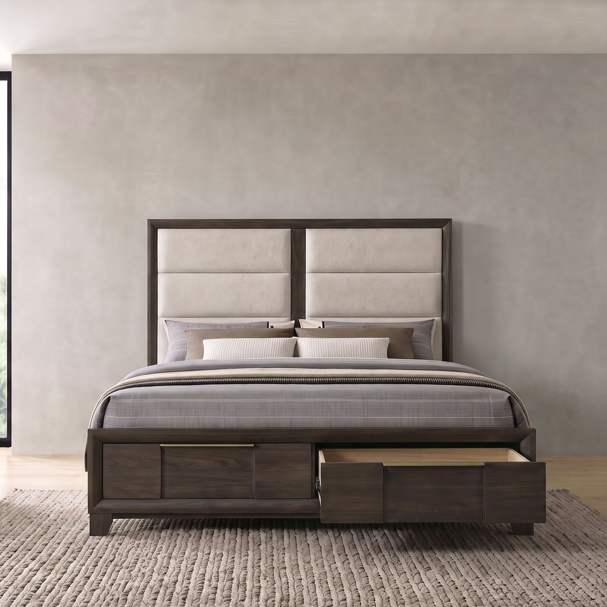 Farre Dark Brown Queen Upholstered Storage Platform Bed