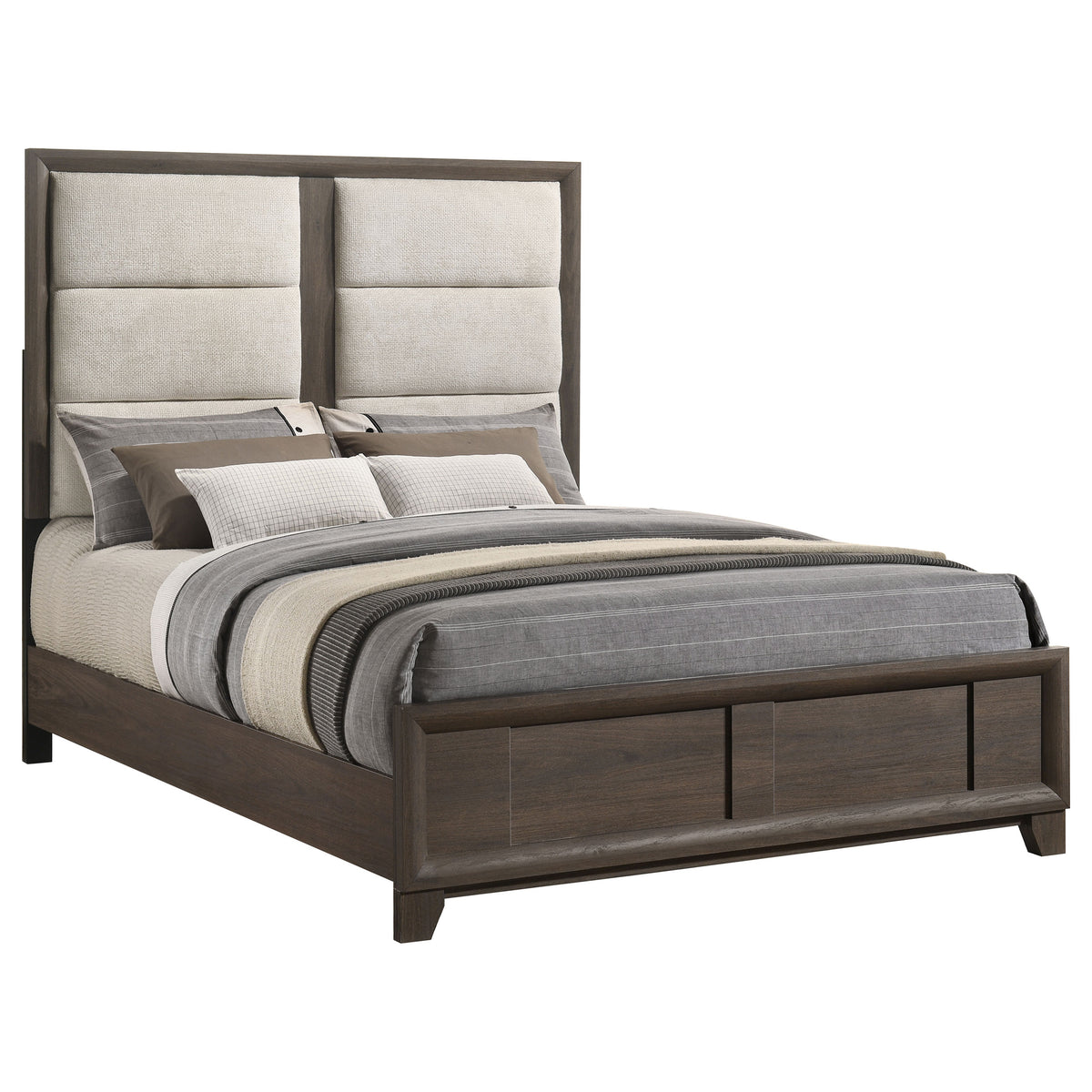 Farre Dark Brown Eastern King Upholstered Platform Panel Bed