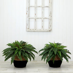 23" Artificial Boston Fern Plant with Handmade Jute & Cotton Basket DIY KIT - Set of 2 - Ornate Home