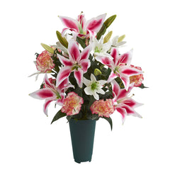 23” Carnation and Lilies Artificial Graveside Memorial Arrangement in Green Vase - Ornate Home